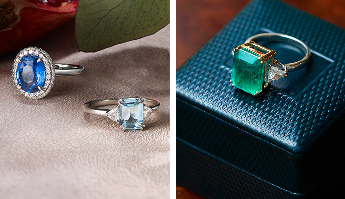 Aquamarine Trilogy Blue Sapphire Vintage und Emerald Trilogy Engagement Ring von Fenton