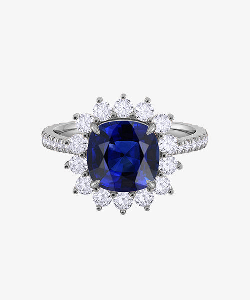 Bague saphir bleu et halo de diamants de Fenton