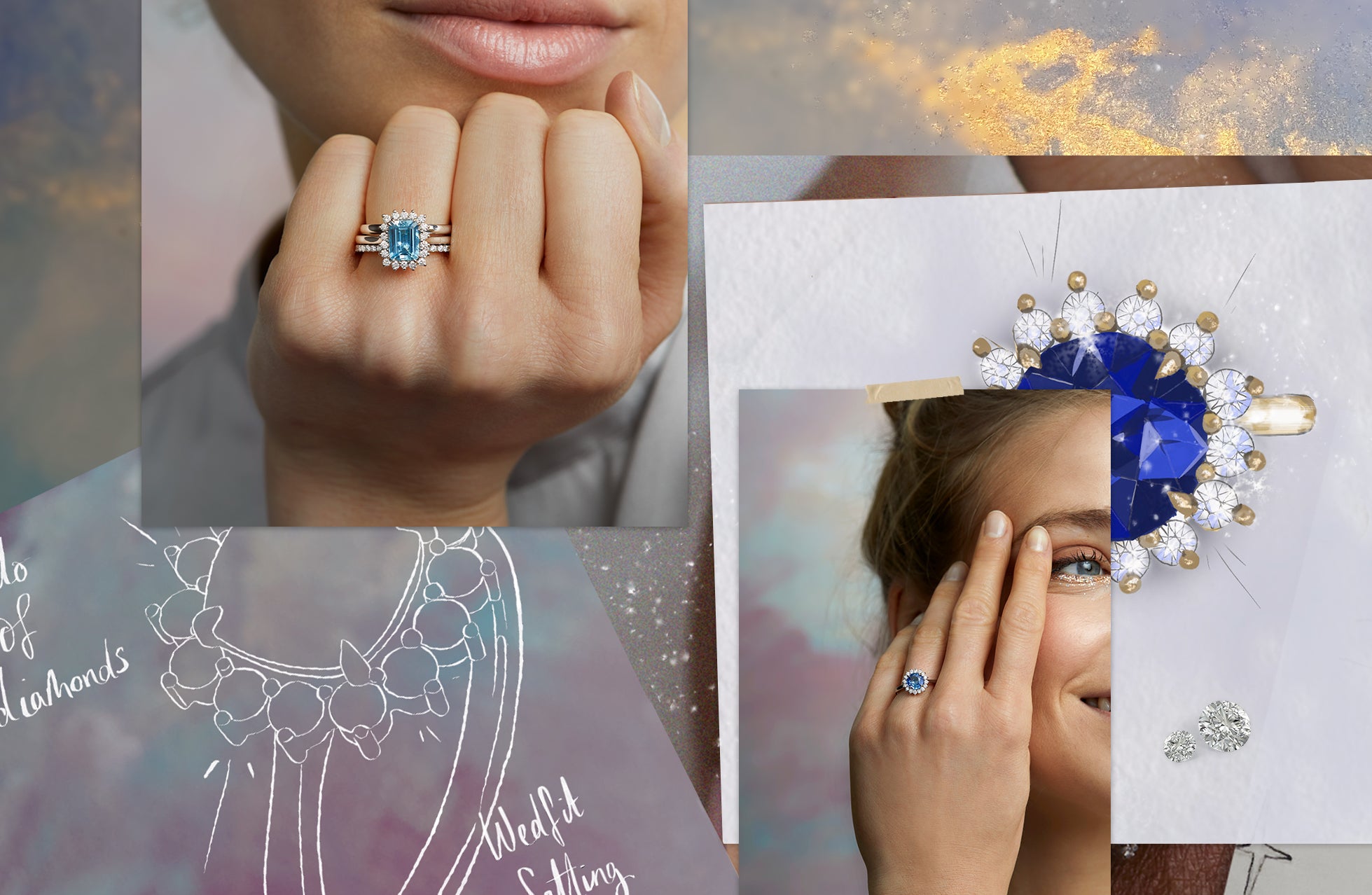 Collage of images feature sketches and photographs of The Star ring from Fenton - blue sapphire and aquamarine with a halo of diamonds.