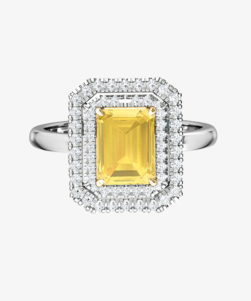 Design de bague saphir jaune et halo de diamants de Fenton