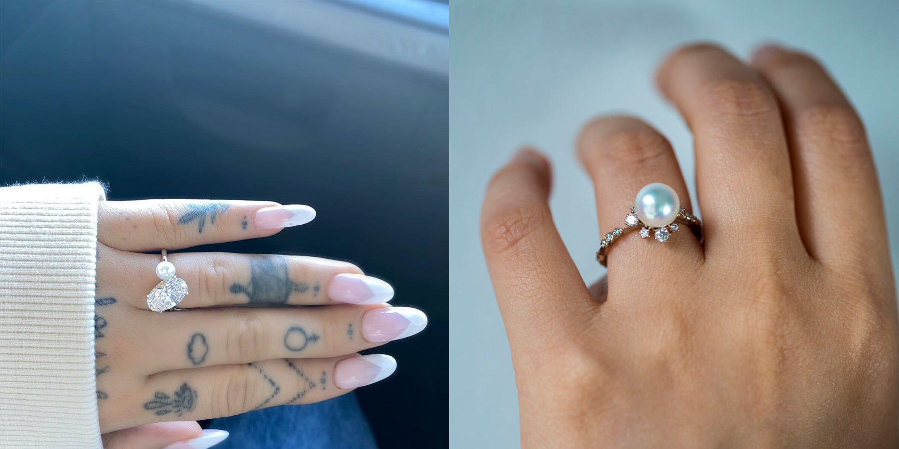 Ariana Grande's Pearl and Diamond Toi et Moi engagement ring and Emma Stone's Pearl Solitaire Engagement Ring | Expert Guide to Pearls