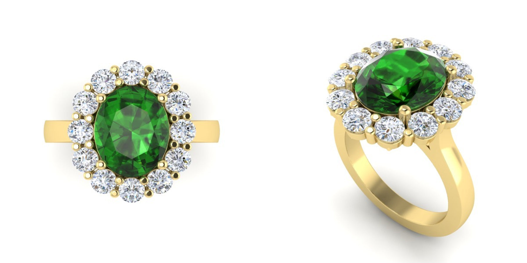 CAD of a Bespoke Green Sapphire oval cut Gemstone Cluster ring from Fenton made with 18k recycled yellow gold 