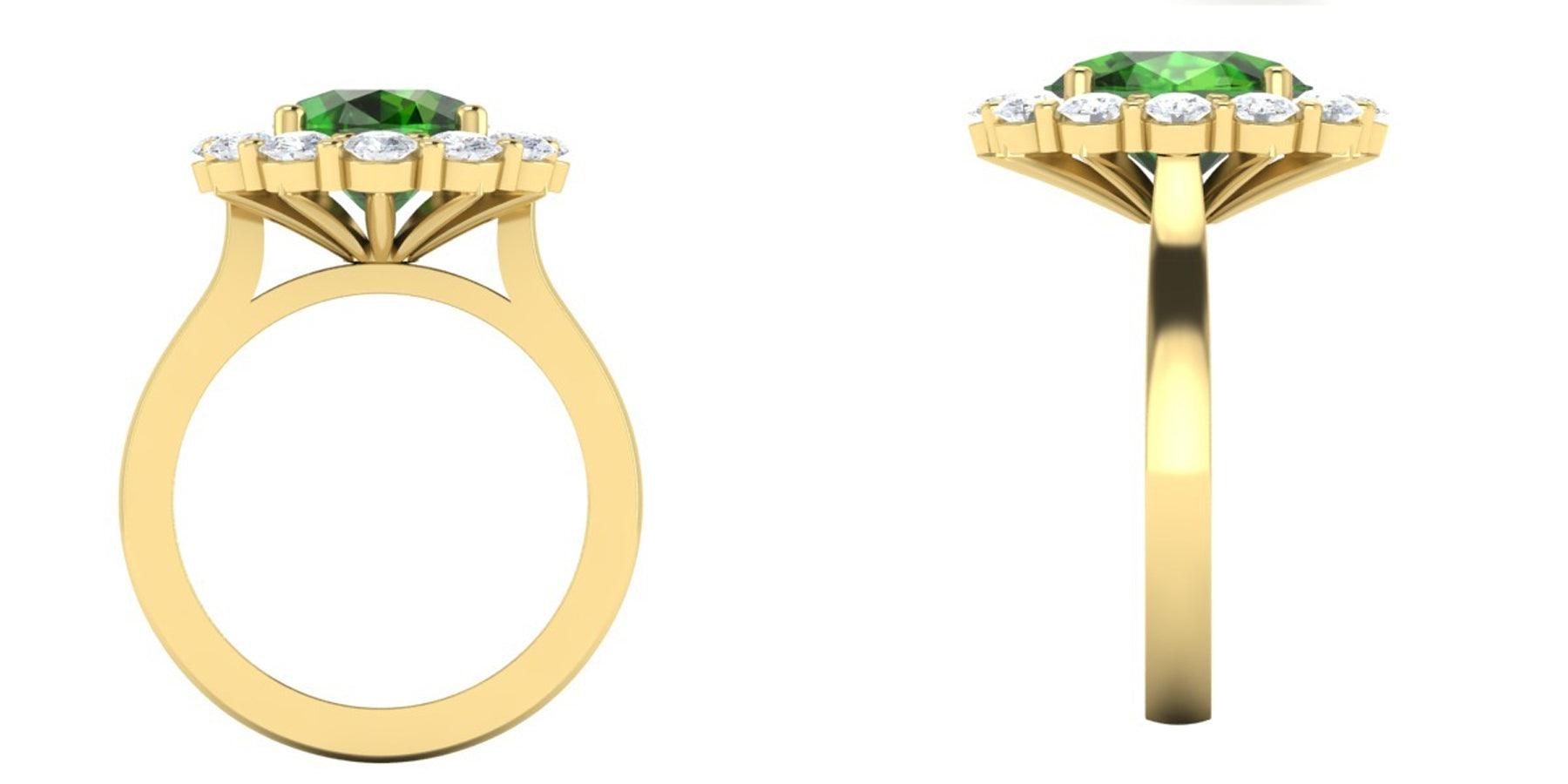 CAD of Bespoke Green Sapphire oval cut Gemstone Cluster ring from Fenton made with 18k recyclé or jaune