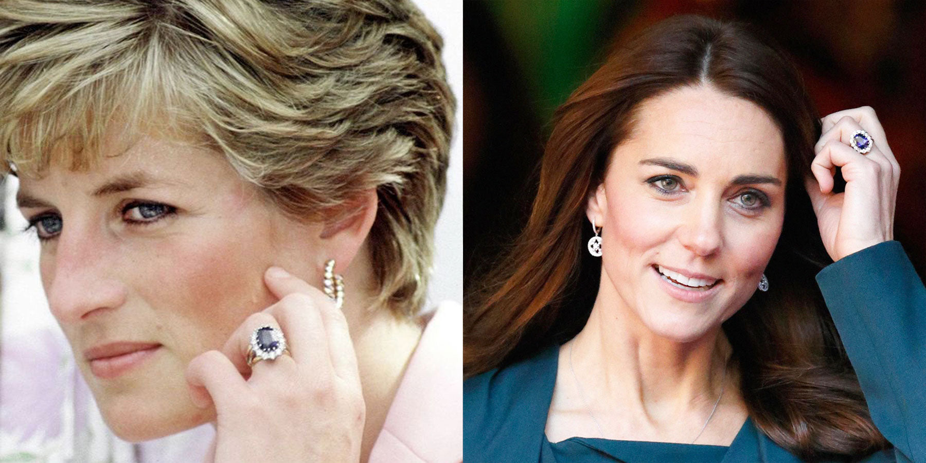 Prinzessin Diana und Kate Middletons blauer Saphir im Ovalschliff Verlobungsring mit einem Heiligenschein aus Diamanten | Matthew & Madison Fenton Love Story