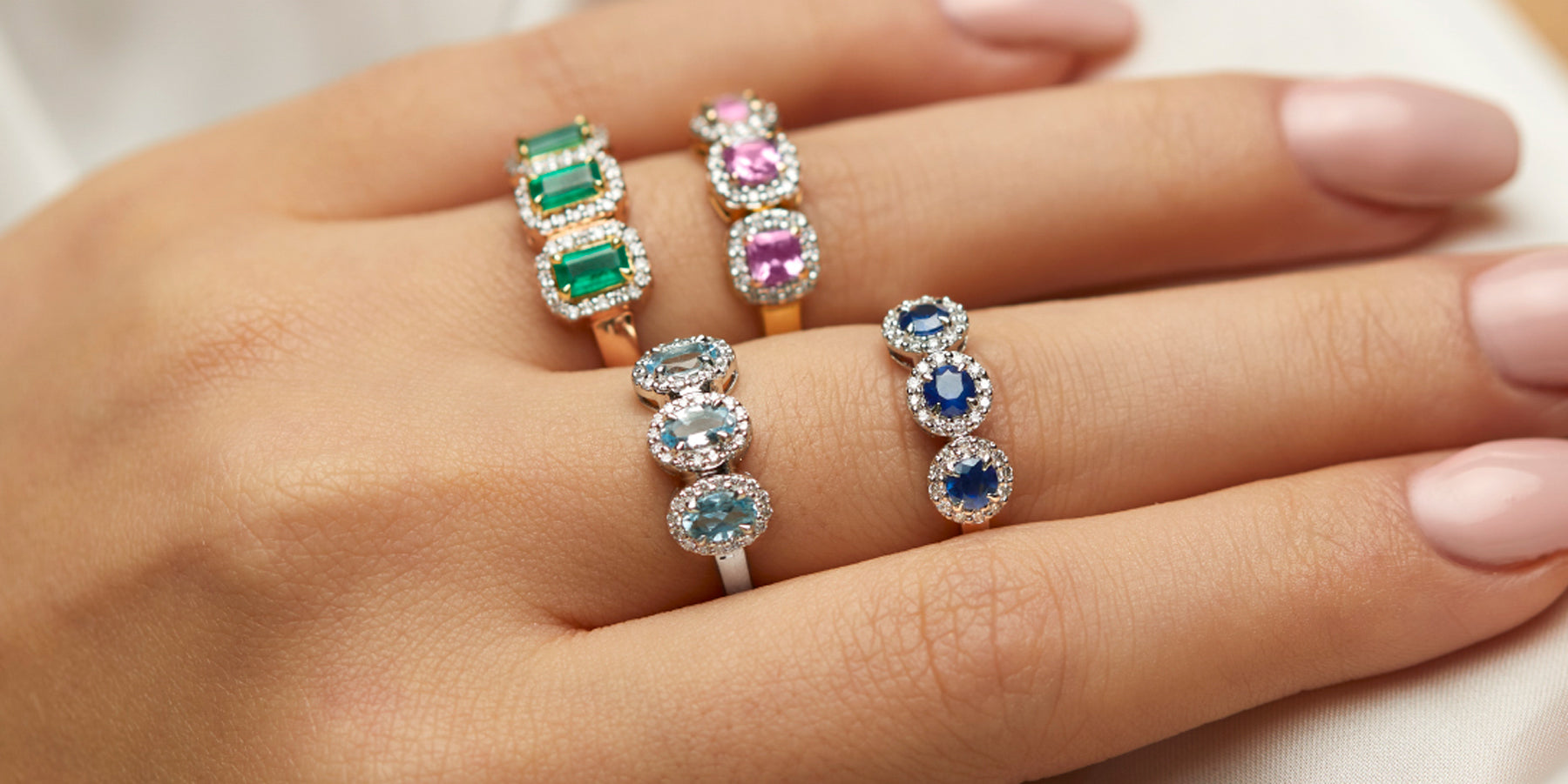 Mother's Day Gift Ideas | Emerald, Pink Sapphire, Blue Sapphire and Aquamarine Garland Ring from Fenton
