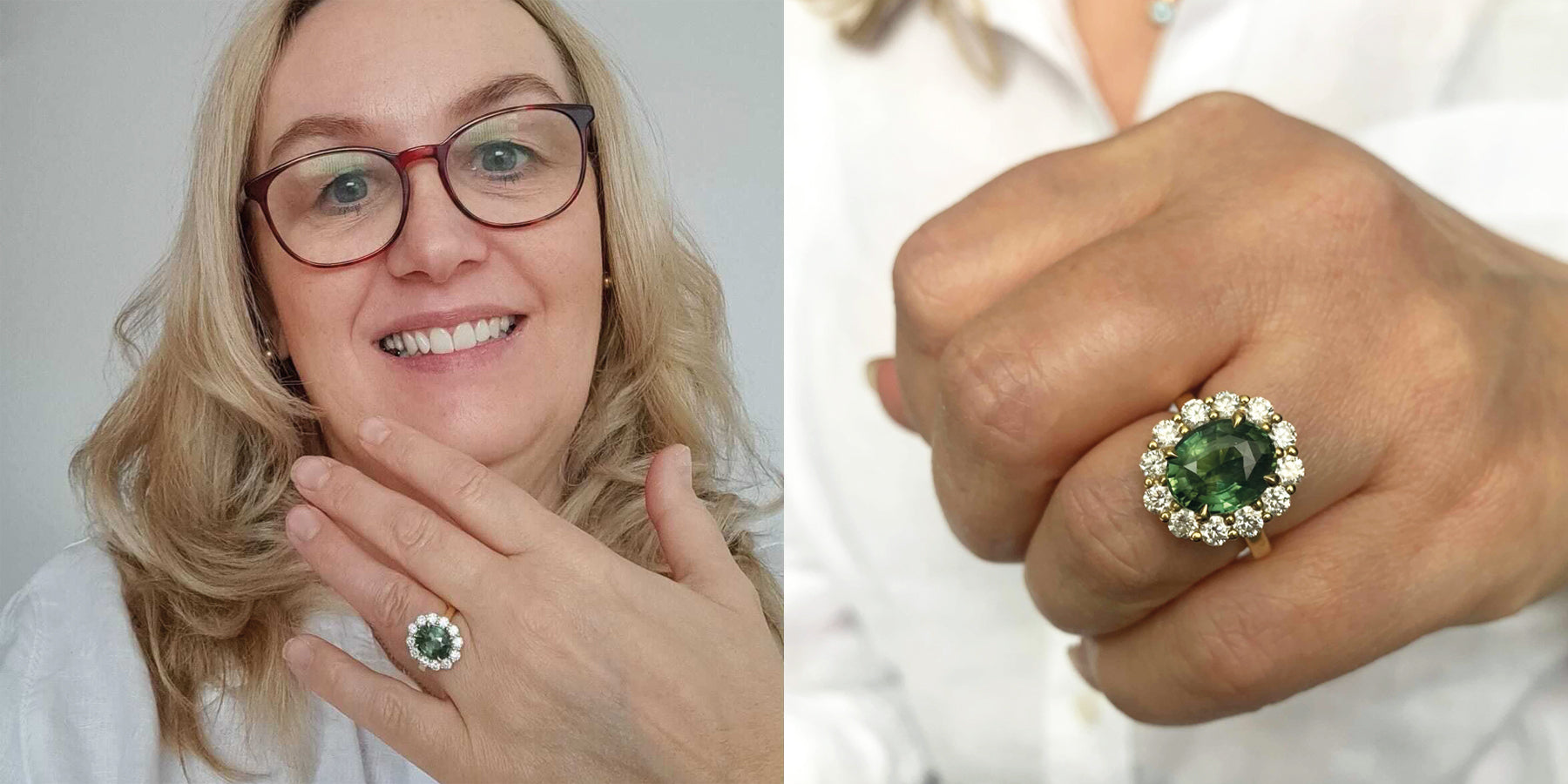 Women wearing bespoke Green Sapphire oval cut Gemstone Cluster ring from Fenton made with 18k recycled yellow gold 