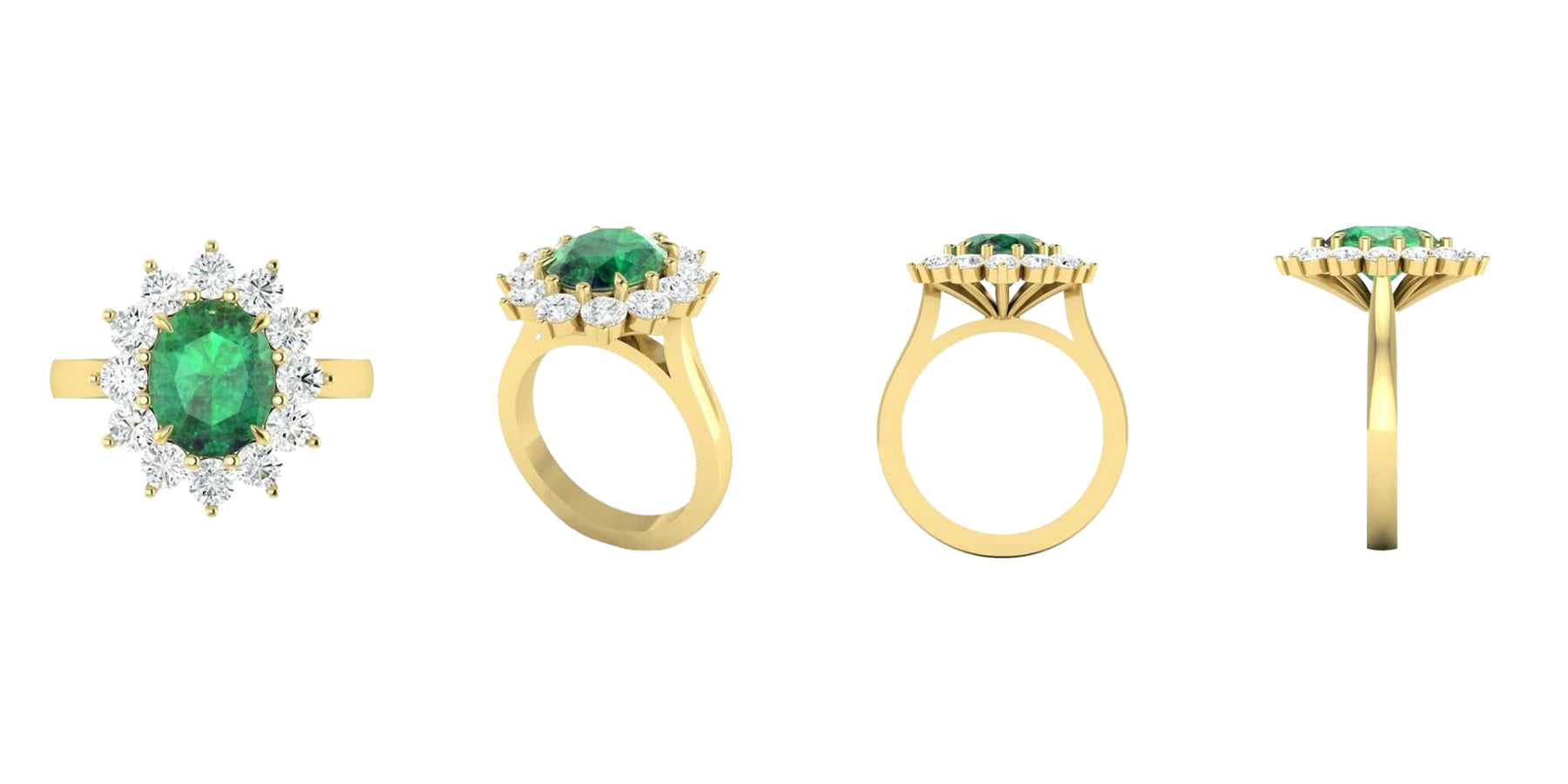 CAD render of bespoke Emerald oval cut Star engagement ring with 10x8mm Emerald, halo of round cut diamonds and 18k recycled yellow gold from Fenton