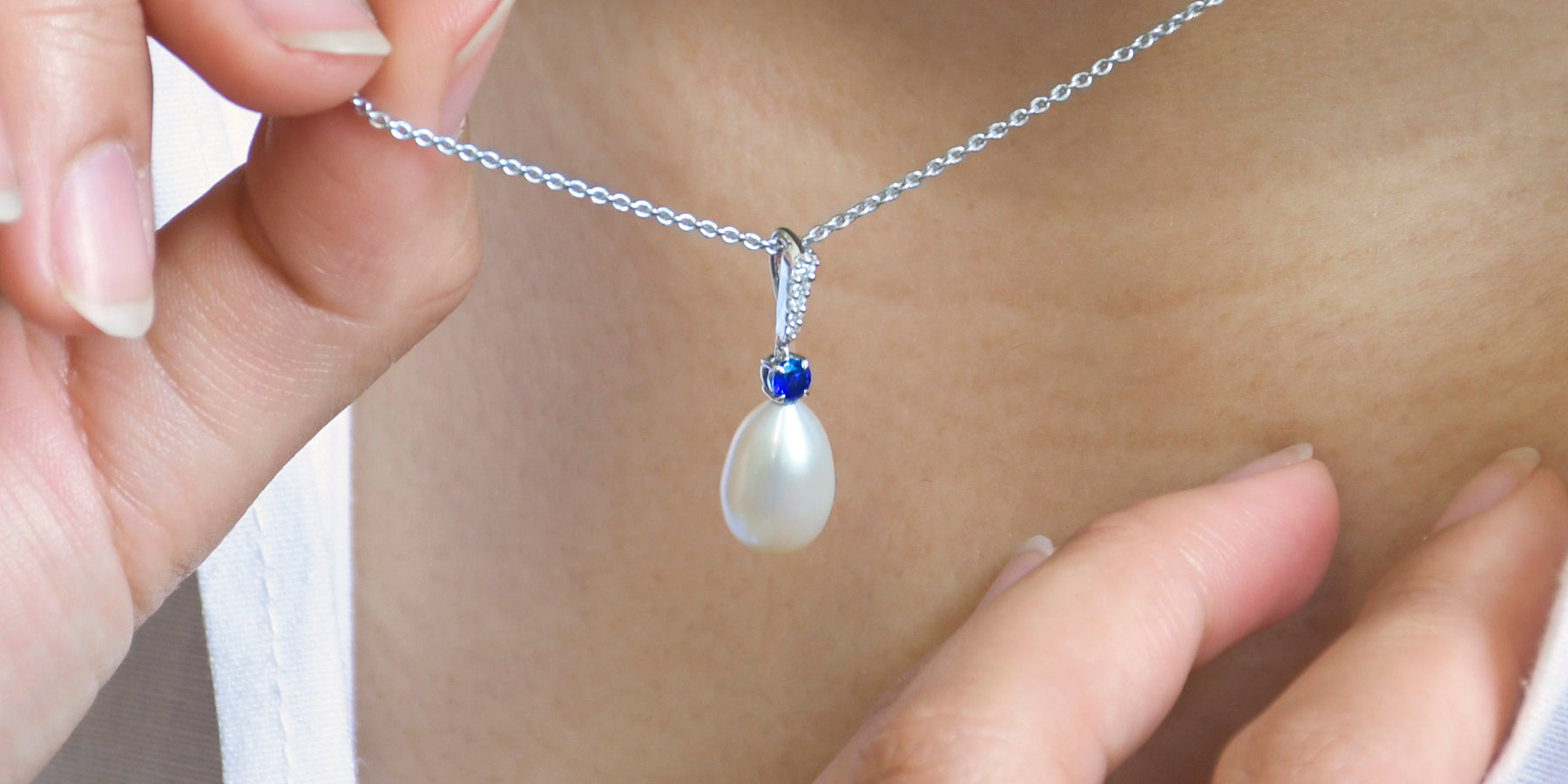 Customisable Freshwater Pearl Pendant Necklace in Blue Sapphire & 18K White Gold from Fenton | Expert Guide to Pearl Jewellery