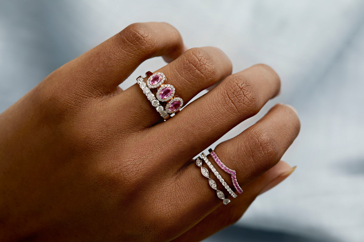 pink sapphire garland, pink sapphire solitaire, unique alternative gemstone rings, Fenton jewellers, luxury certified B Corp