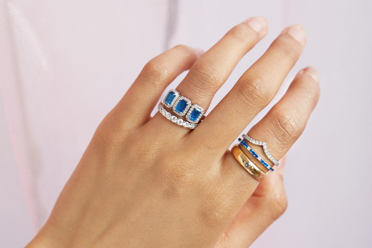 blue sapphire stacked rings, blue sapphire garland, solar diamonds, Fenton jewellers luxury certified B Corp