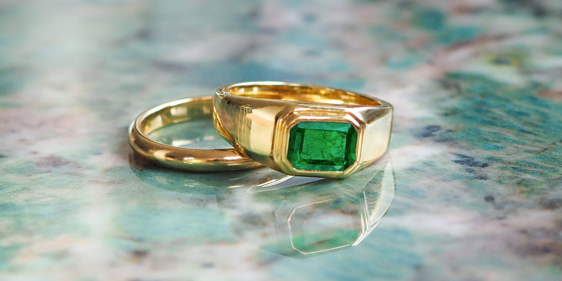 Mothers Day Gift Ideas | Emerald Emerald Cut Signet and Plain 18k Recycled Yellow Gold band