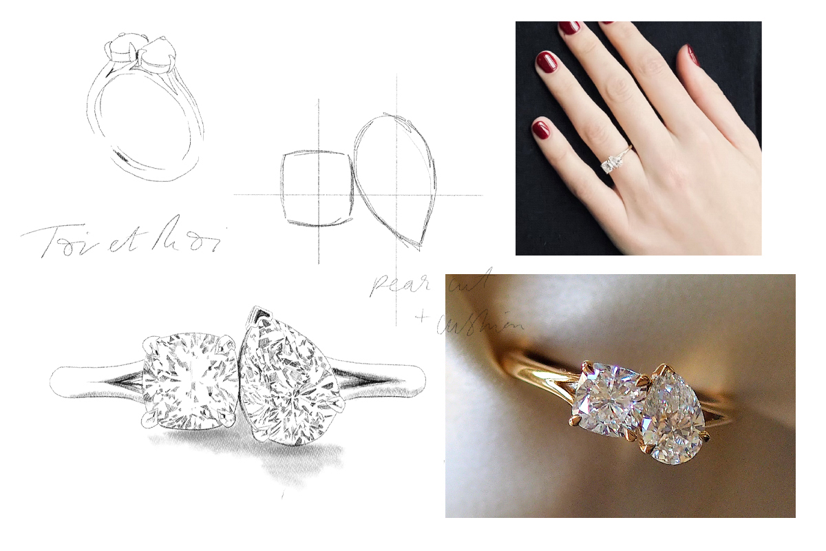 sketch of toi et moi, alternative engagement ring made by Fenton jewellers, luxury jewellery