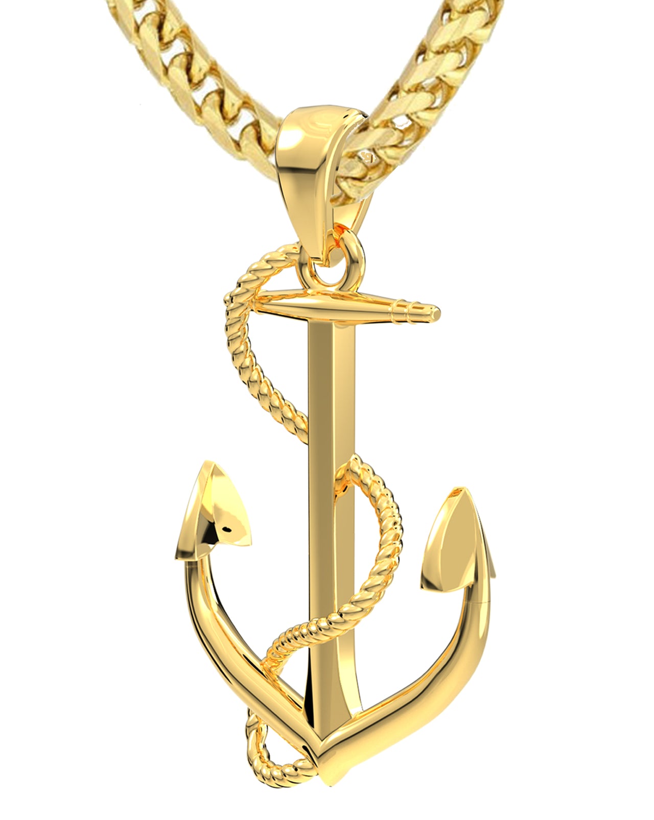 Men's Anchor Pendant Necklace Rope Design 14K White Gold
