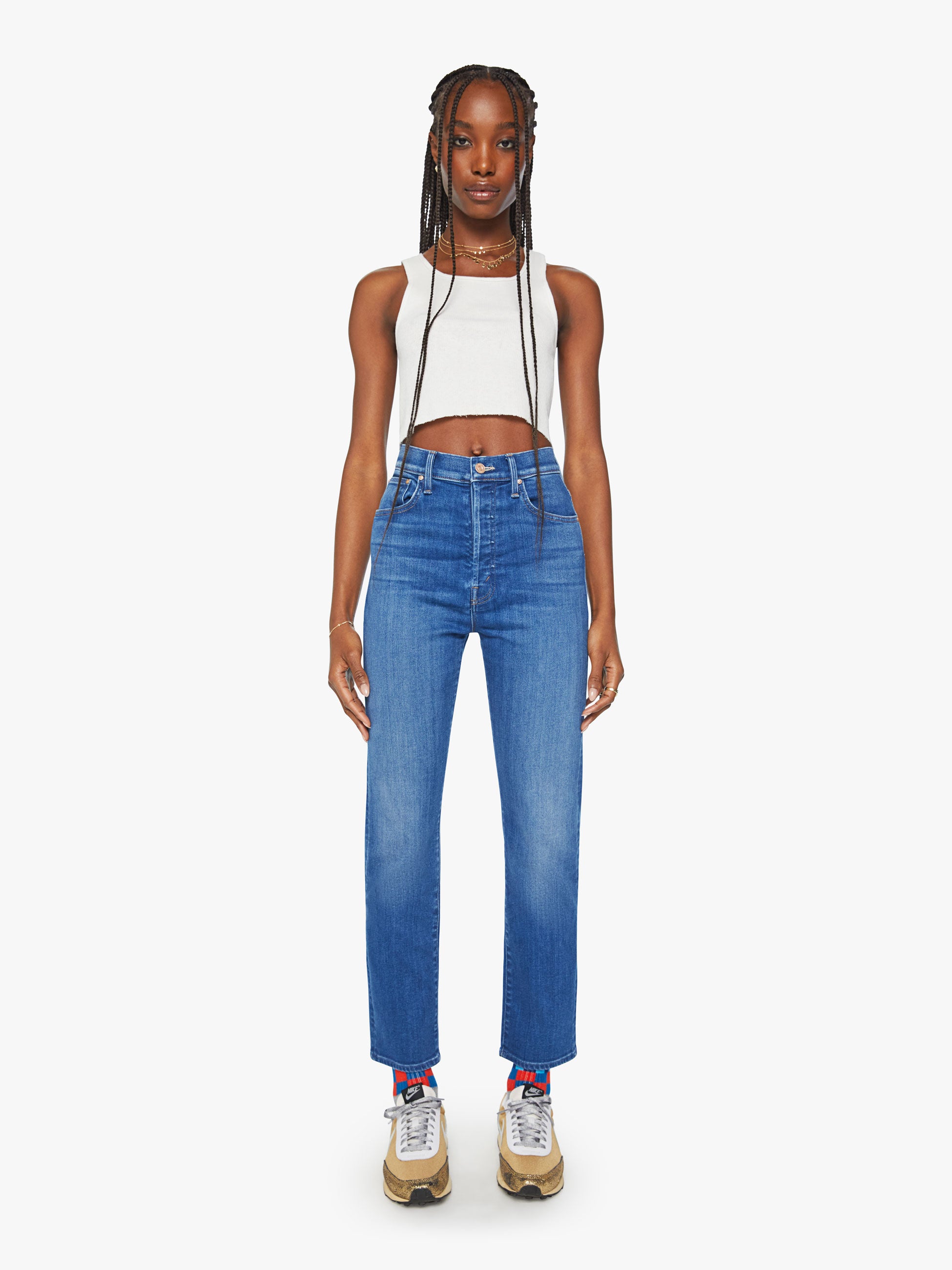 Shop Mother High Waisted Hiker Hover Across The Finnish Line Jeans In Blue - Size 33