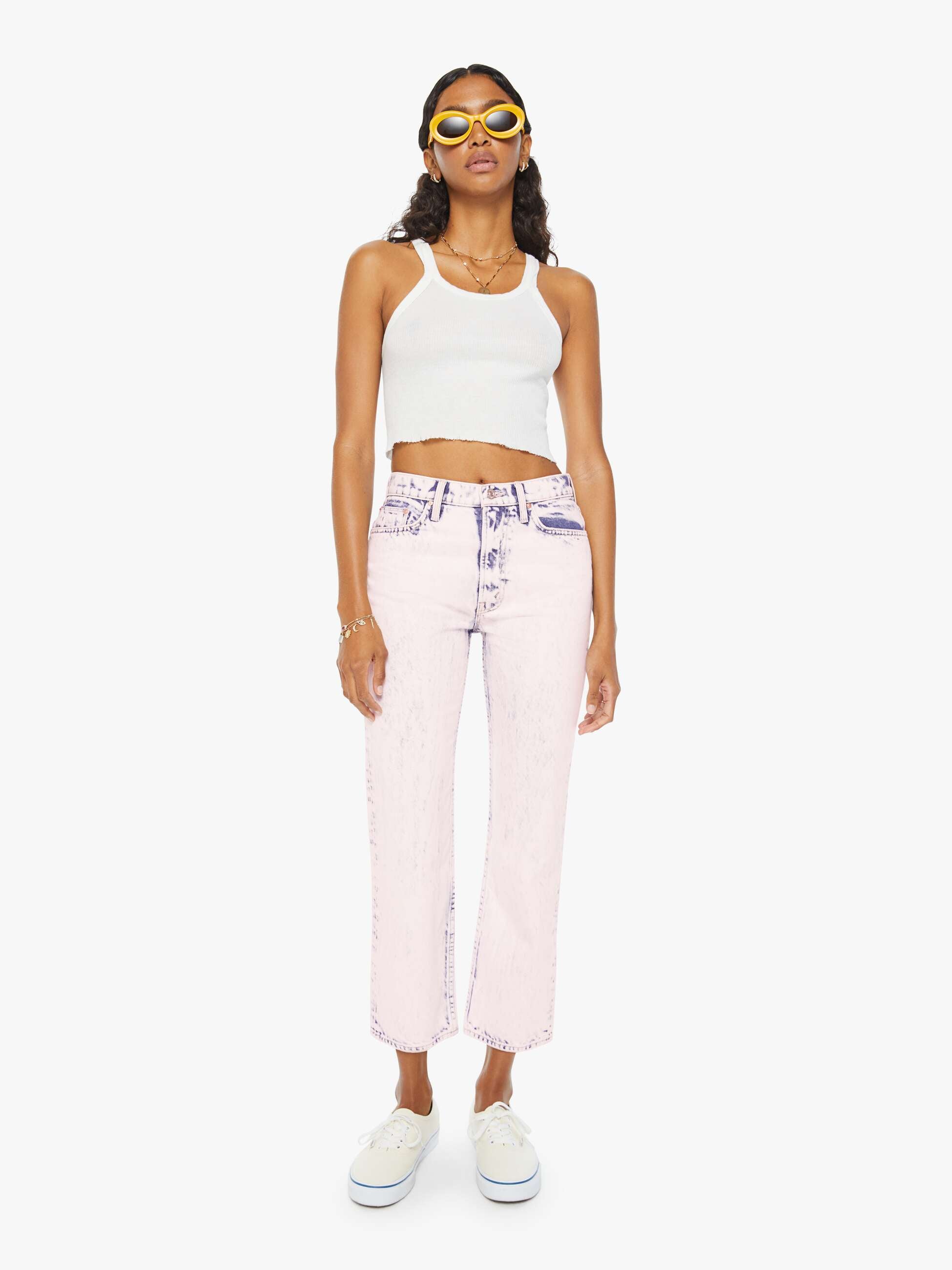 Shop Mother High Waisted Rider Ankle Paint On My Palette Jeans In Pink