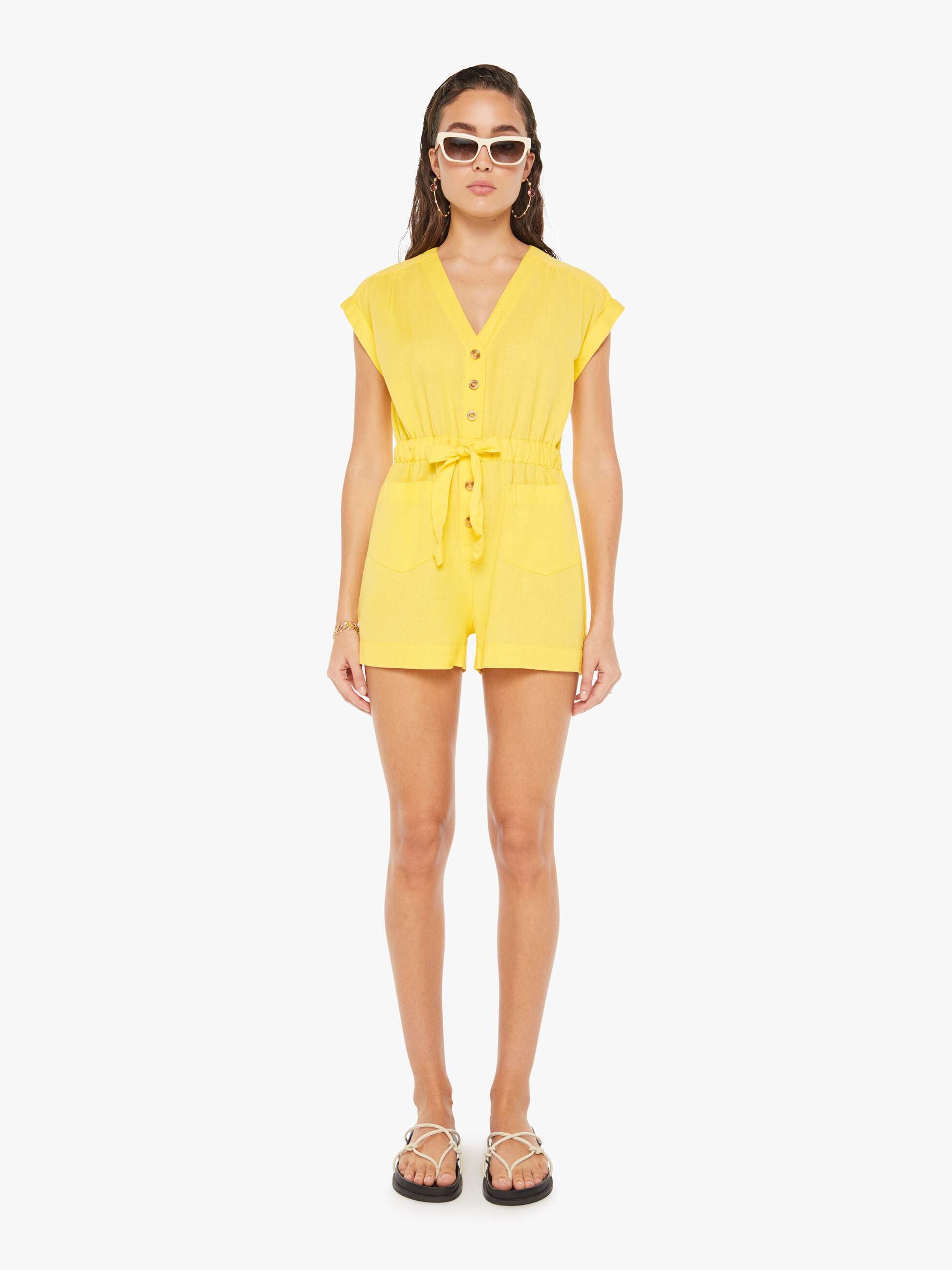 Shop Mother The Long Story Shorts Romper Primrose In Yellow - Size X-large