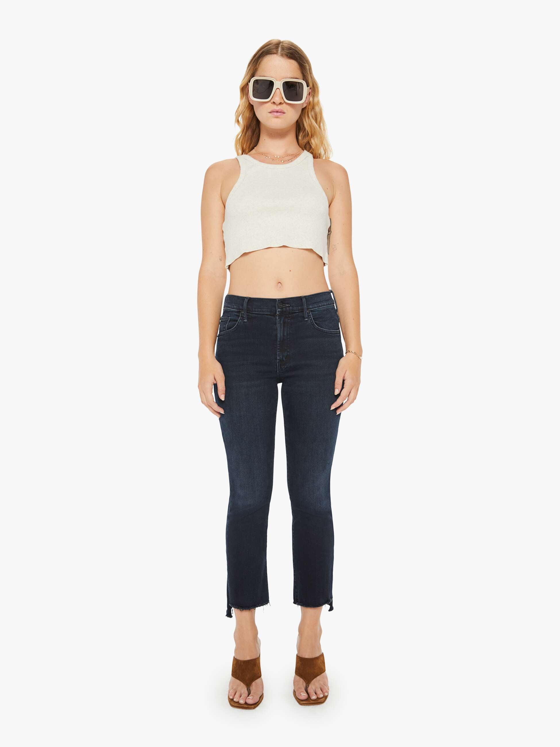 Shop Mother Petites The Lil' Insider Crop Step Fray Night In Venice Jeans In Black