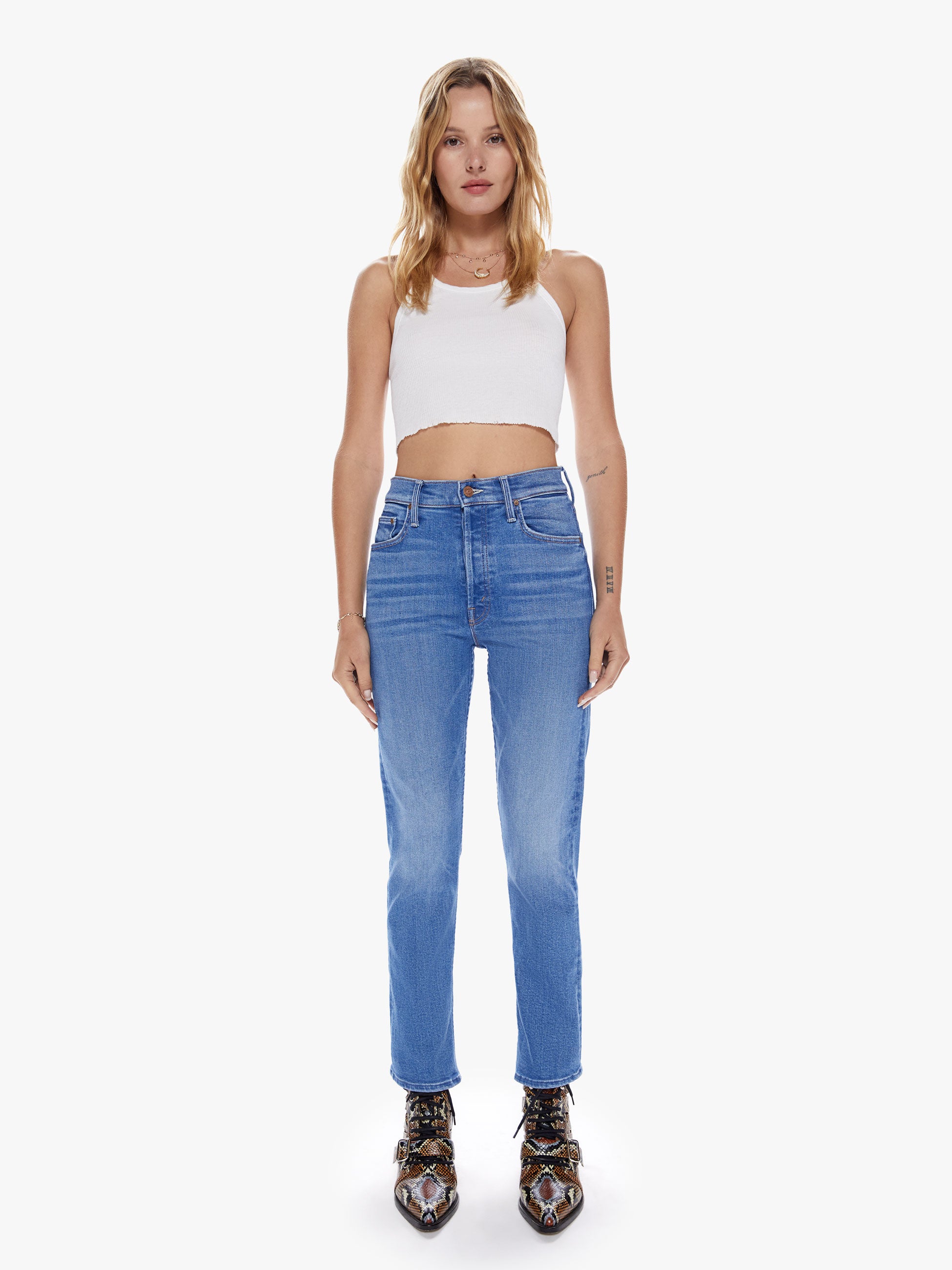 Ryder High Waist Capri Turn Up & Button Detail Jeans - Mid Blue