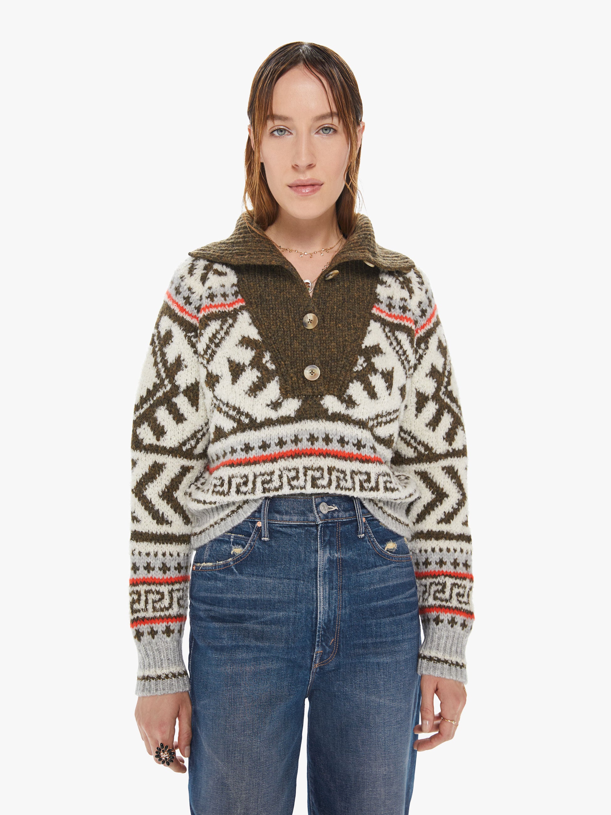 MOTHER THE BUTTONED COLLAR JUMPER DIMESTORE COWGIRL SWEATER