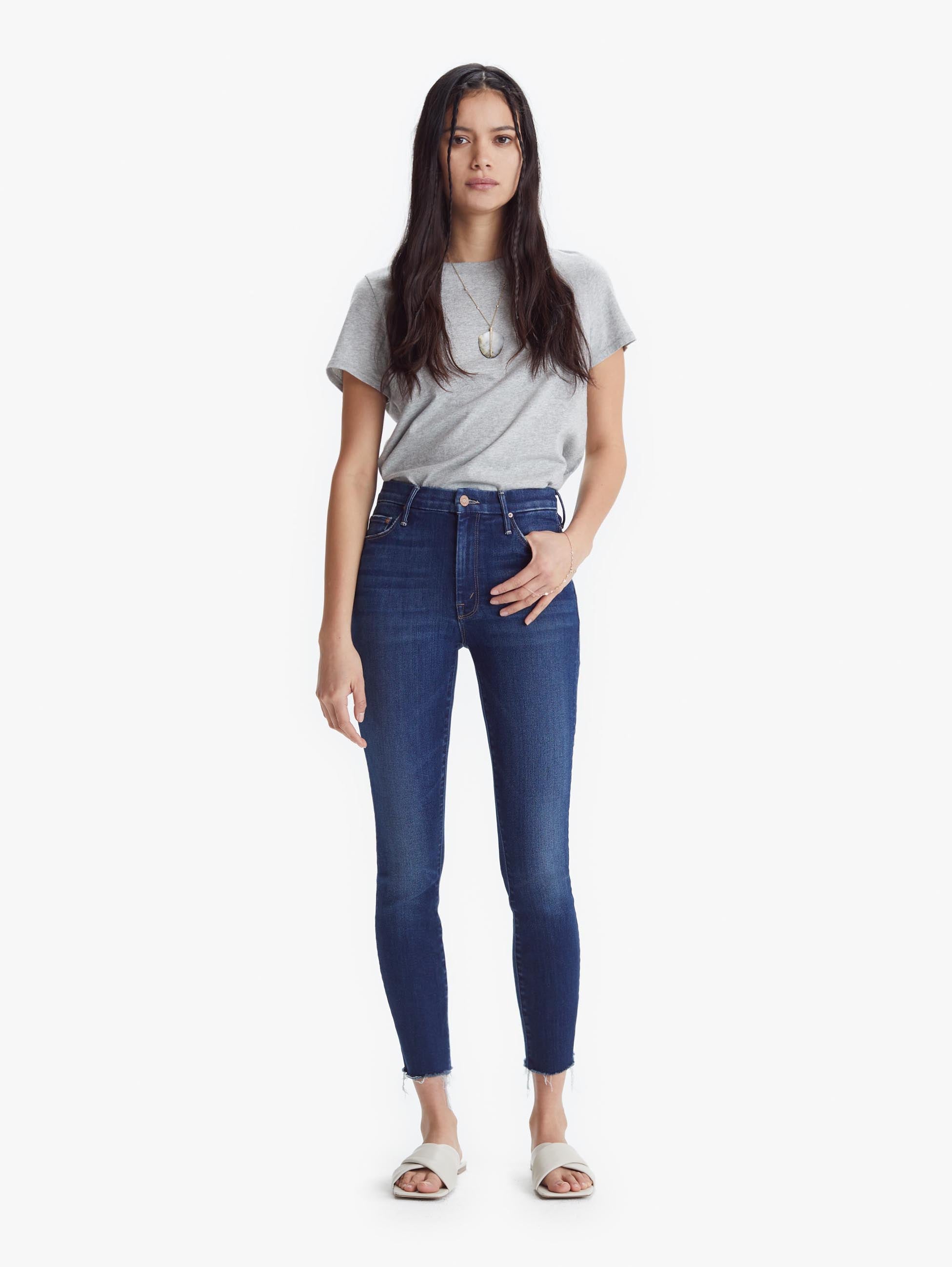 mother denim high waisted looker ankle fray