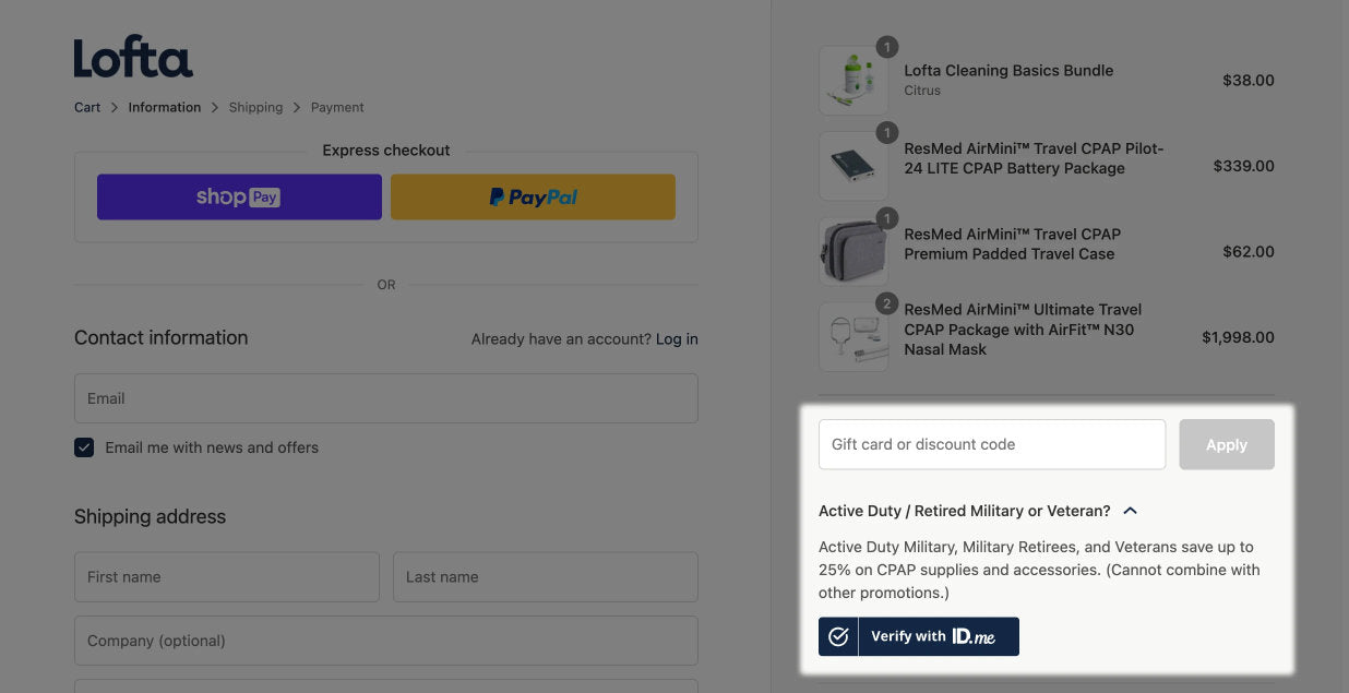 The ID.me button is located on the right side of the checkout screen.