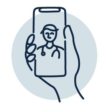 A sketch icon of a person holding a mobile device during a video conference call