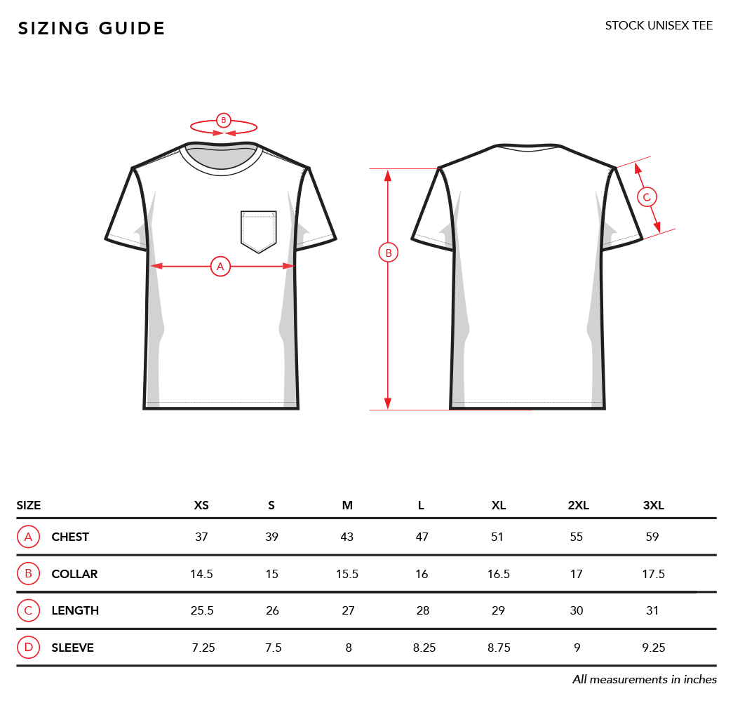 Stock Unisex Tee Size Guide