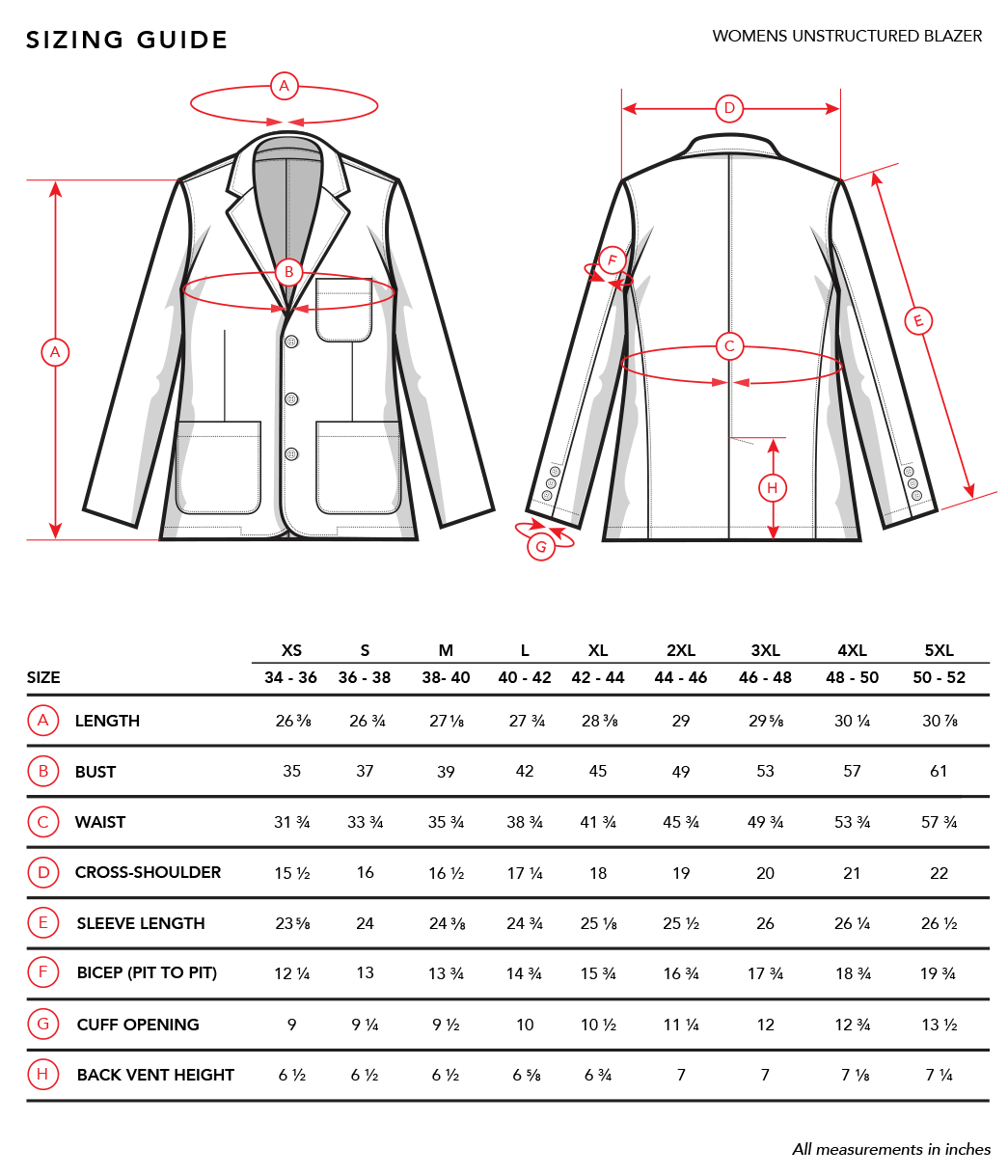 Women's Unstructured Jacket Size Guide