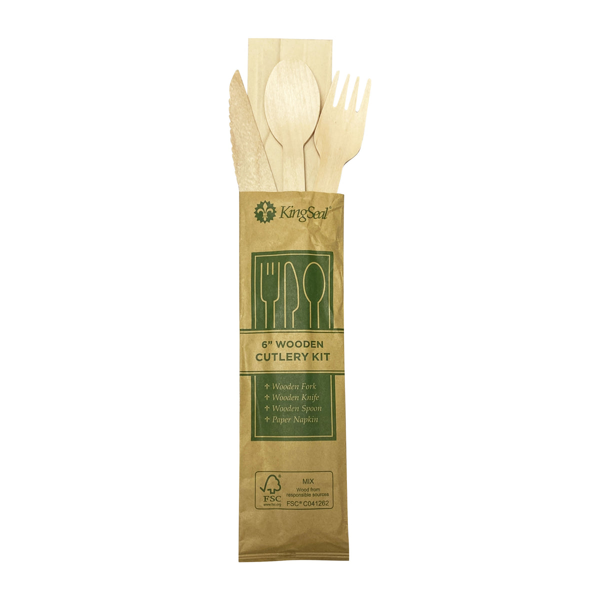 KingSeal FSC® C041262 Certified To-Go Wood Cutlery Kits - Fork, Knife, Spoon, Napkin