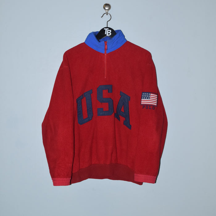 Vintage Polo Ralph Lauren USA Flag Red Fleece Hooded Jacket. Small — TopBoy