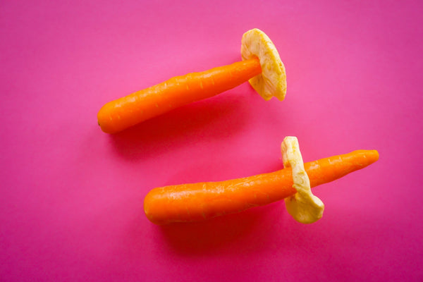 two carrots pushed through pineapple slices