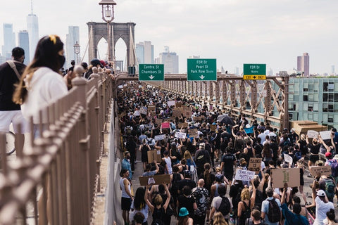 blm protestors on a bridge