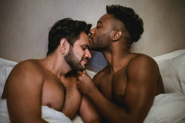 two masculin folks in bed kissing