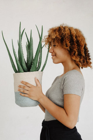 Woman smelling aloe plant