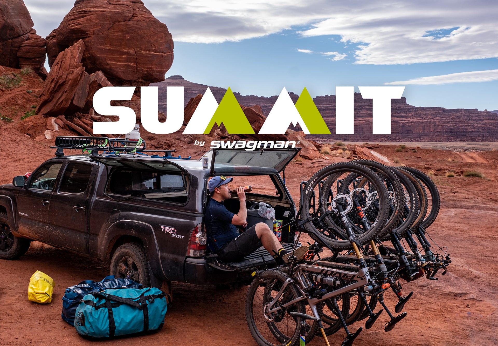 The Swagman Summit Vertical Rack carrying mountain bikes on the back of a Toyota Tacoma near Moab, Utah on the Lockhart Basin route