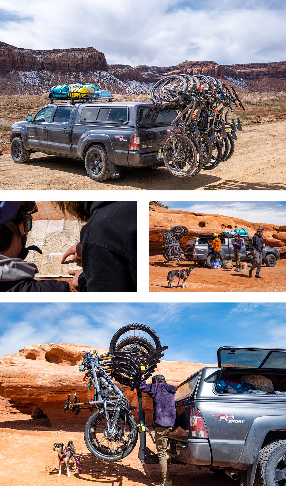 A Swagman Summit Vertical Bike Rack installed on the back of a Toyota Tacoma in Moab, Utah