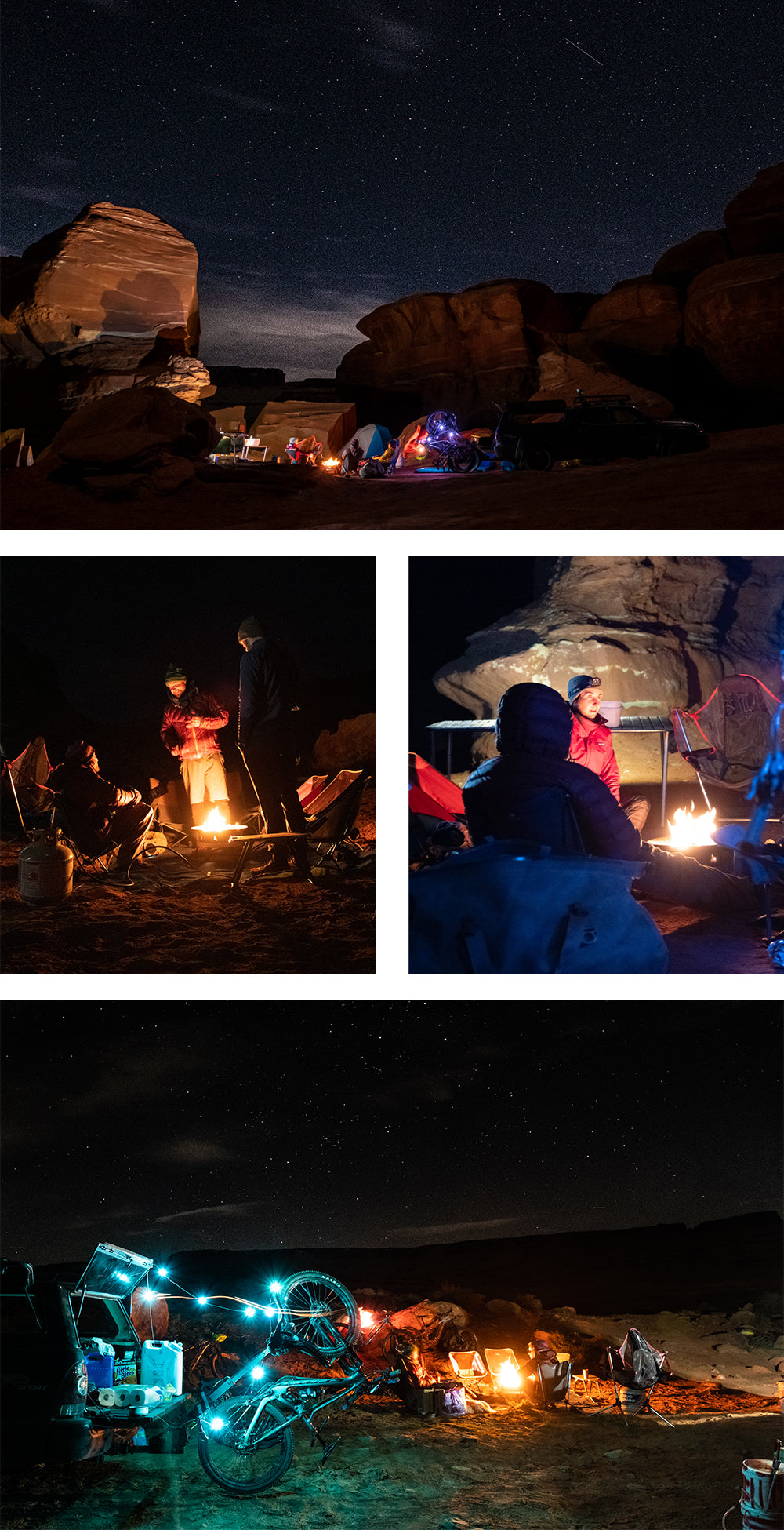 Night time shots of the Swagman Journal Crew camping under the starry night sky on Lockhart Basin Trail near Moab, Utah