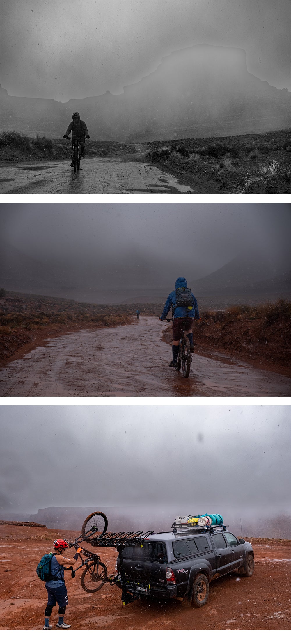 Mountain bikers ride through the snow on Lockhart Basin Trail as they climb up Hurrah Pass near Moab, Utah