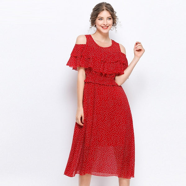 Red Chiffon Plus Size Polka Dots Casual Dress L - 5XL  - Zaida Fashions