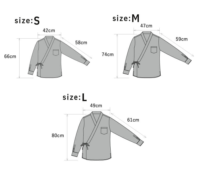 Size chart of Samurai Mode Shirt / unisex design cotton shirt Next Kimono Samurai Mode Series from KUDEN by TAKAHIRO SATO