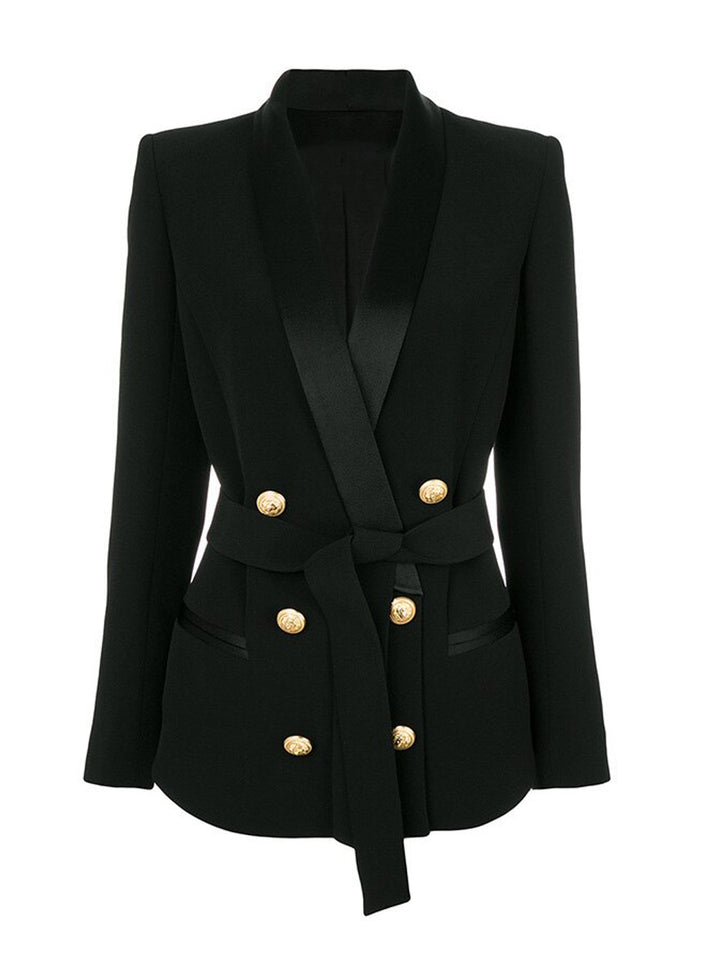Belted Double-Breasted Crêpe Blazer in Black