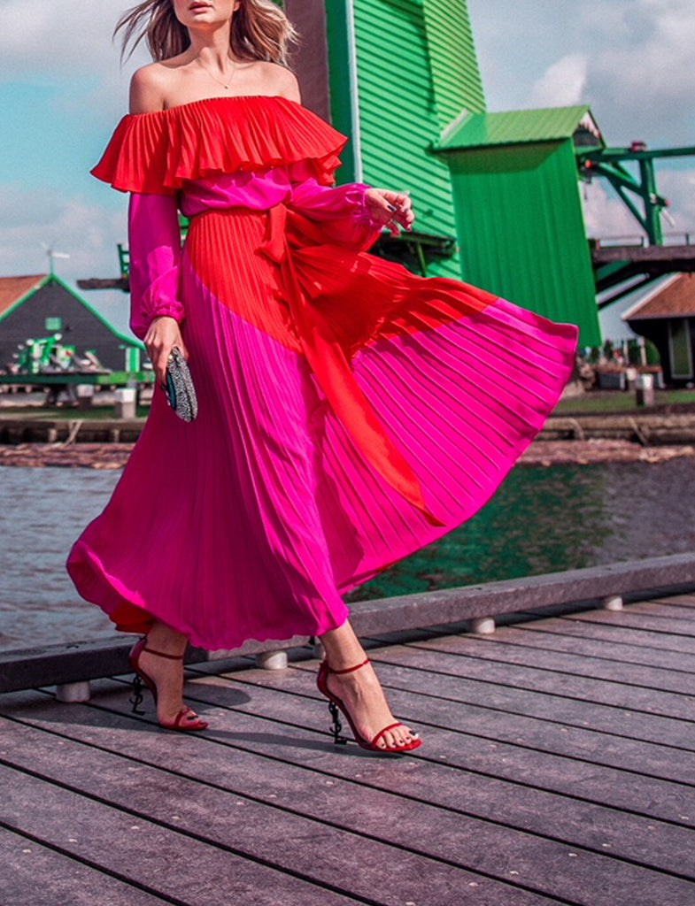 red and pink pleated dress