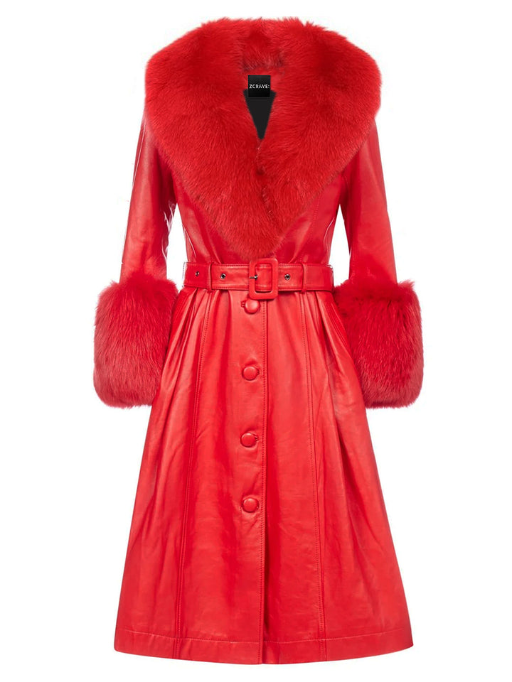Faux Fur Genuine Leather Coat in Red – ZCRAVE