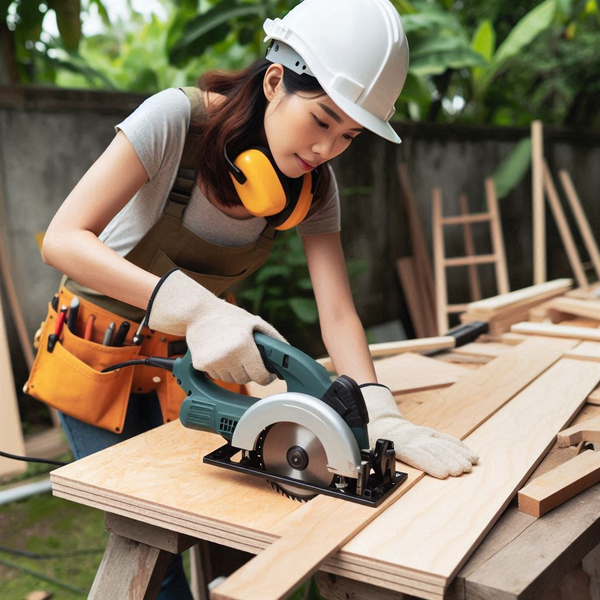 Circular saw cutting wood