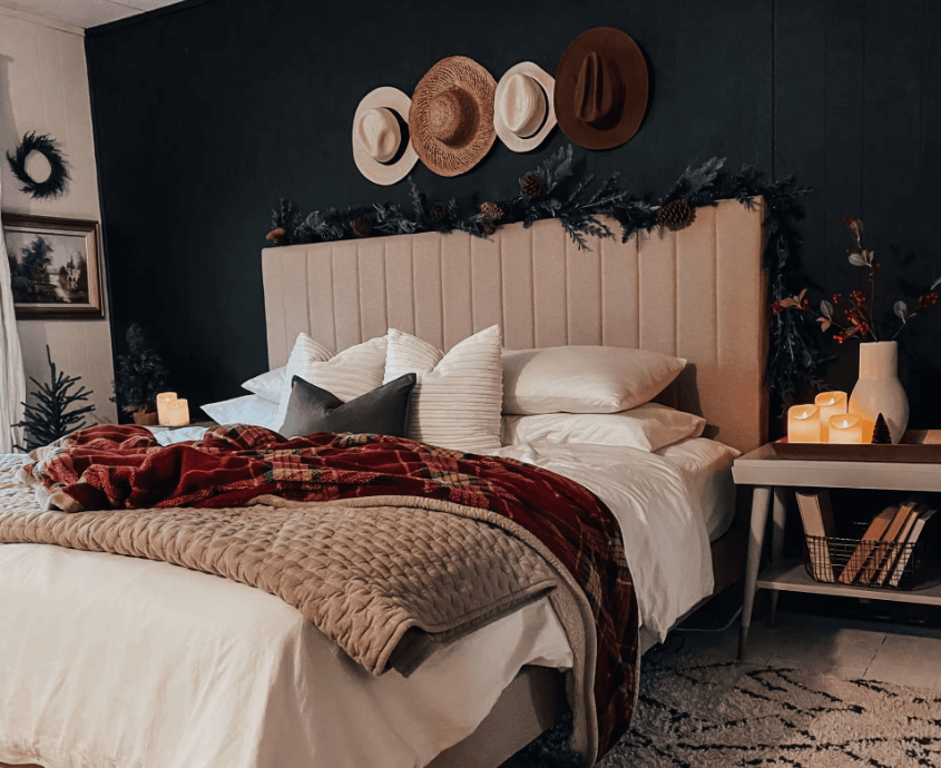 debi platform bed in bedroom with holiday decor