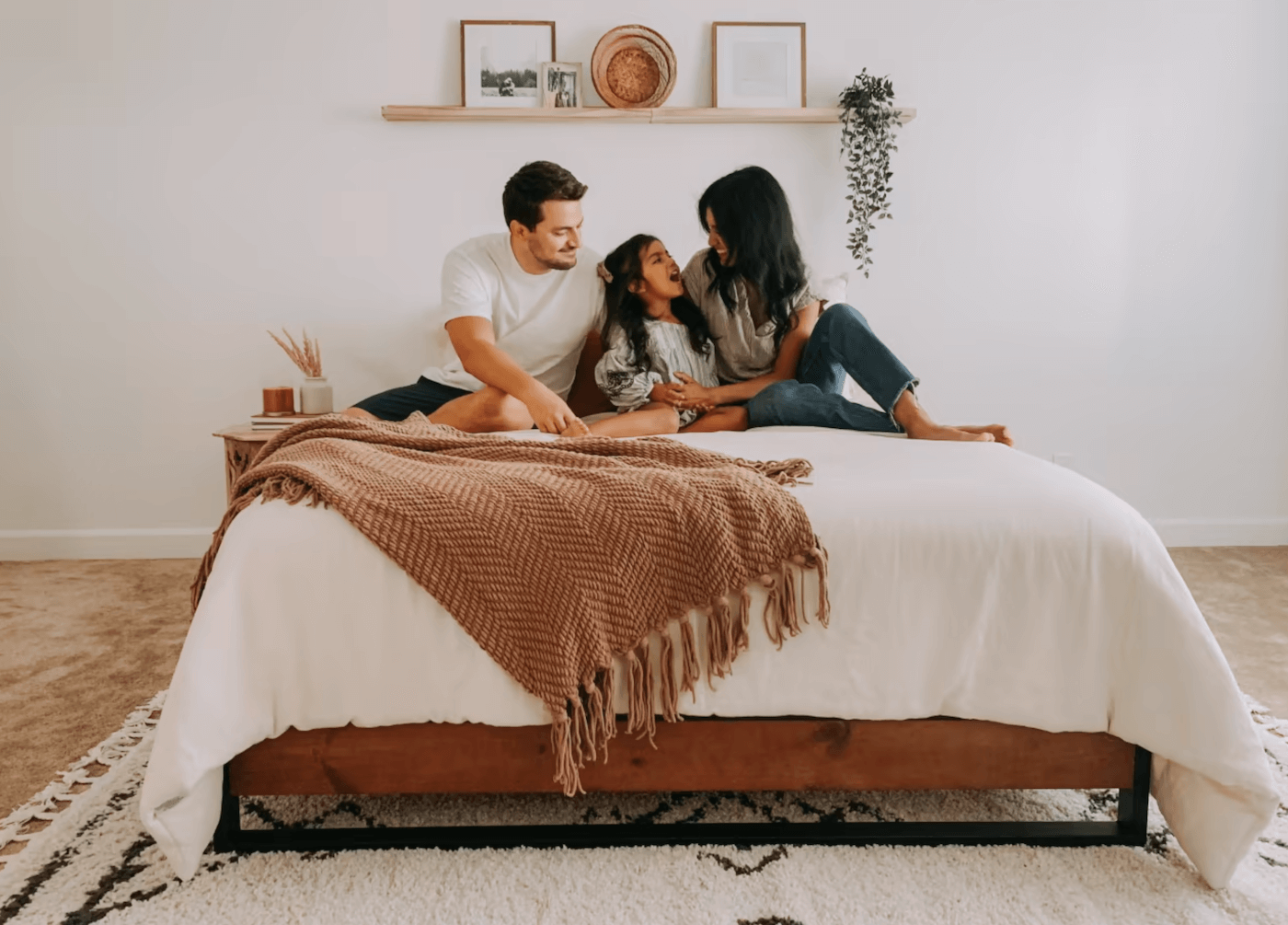 family on suzanne platforma bed frame and hybrid mattress