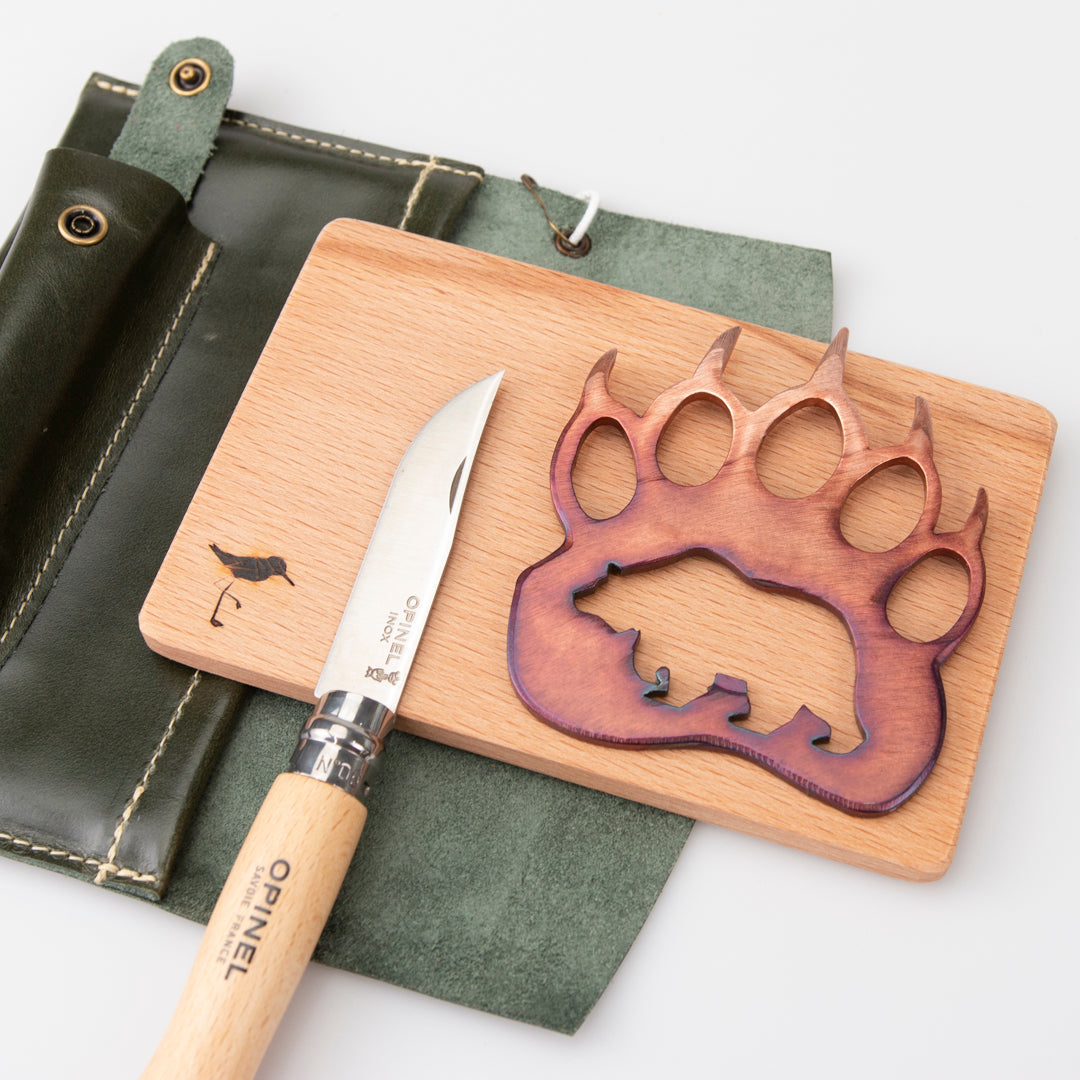 Roadside Travel Cutting Board Set Leather Case With Opinel Pocket