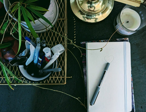 Ritual space with journals, pens and candle