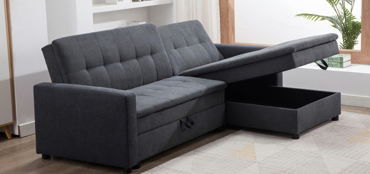 sofá cama con almacenamiento color gris