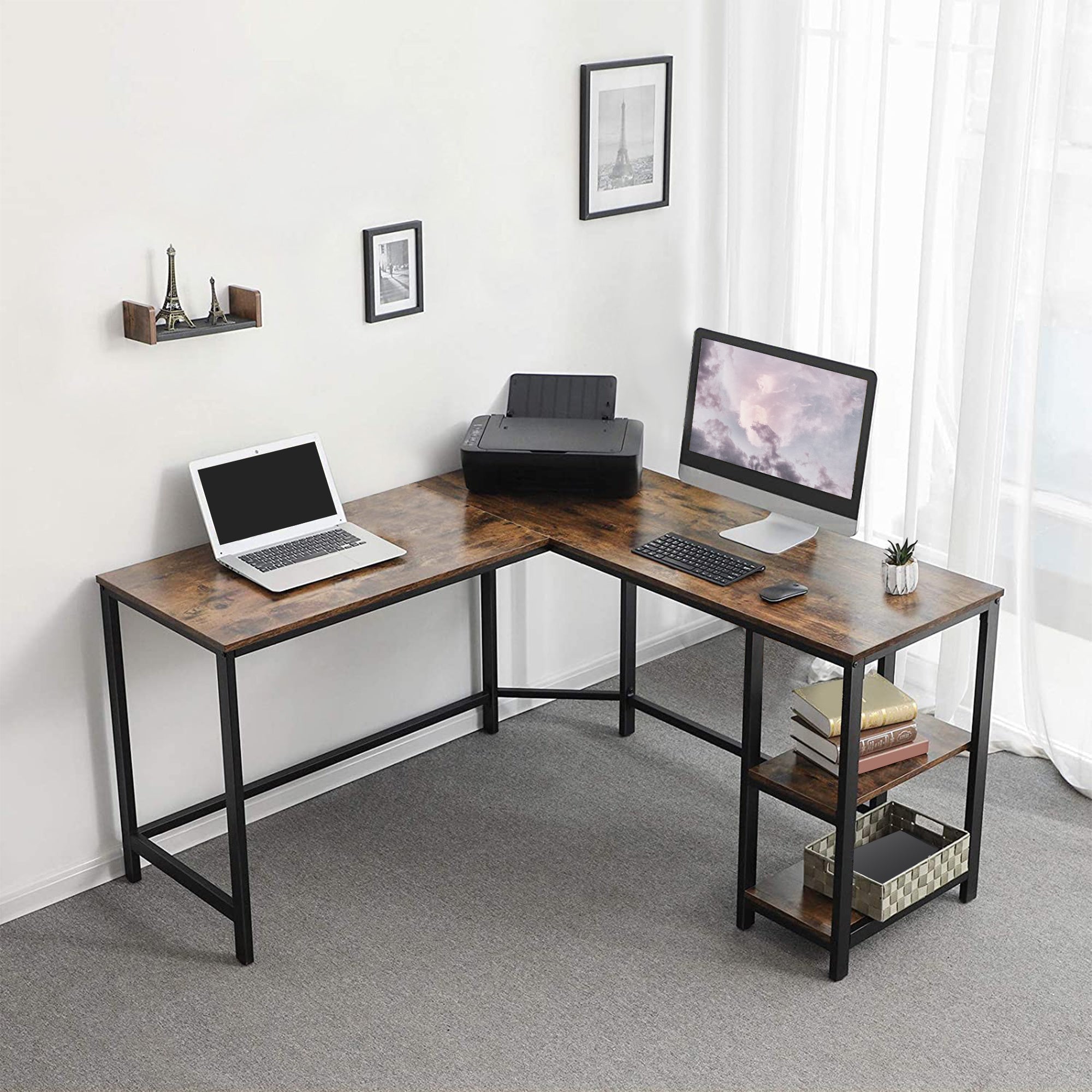 LShape Wood and Metal Frame Computer Desk with 2 Shelves, Brown and B